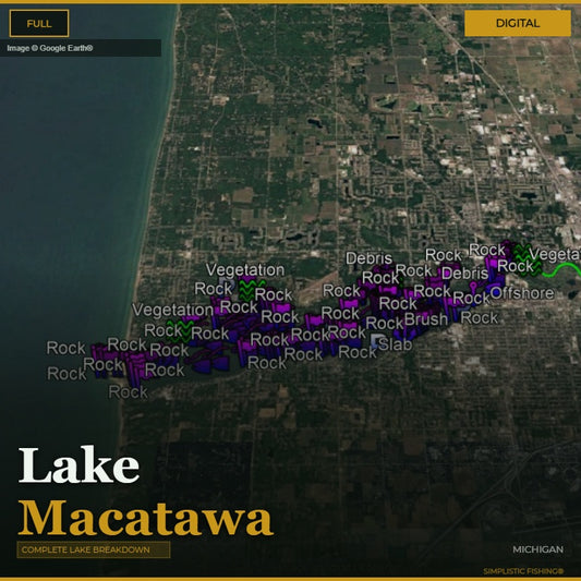 Satellite map of Lake Macatawa with environmental data points labeled.