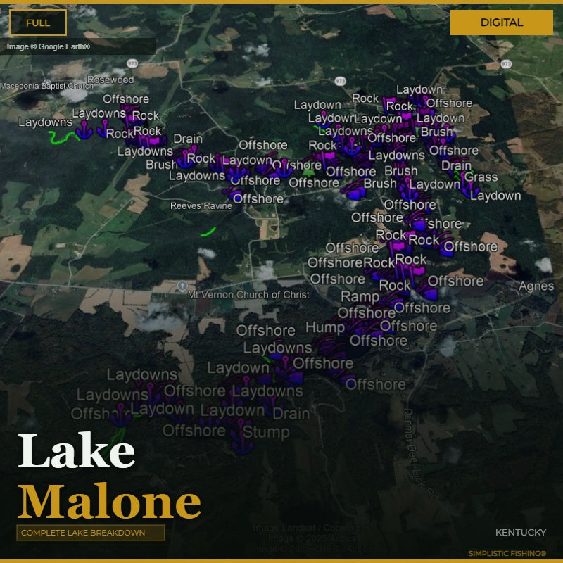Map of Lake Malone with fishing laydowns marked on a digital interface