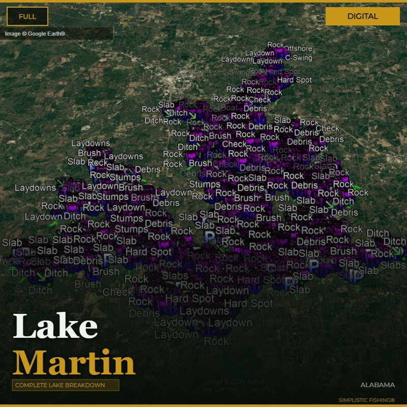Map of Lake Martin with fishing spots labeled on a digital overlay
