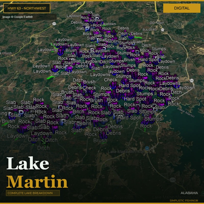 Map of Lake Martin with various markers indicating different types of obstacles or conditions.