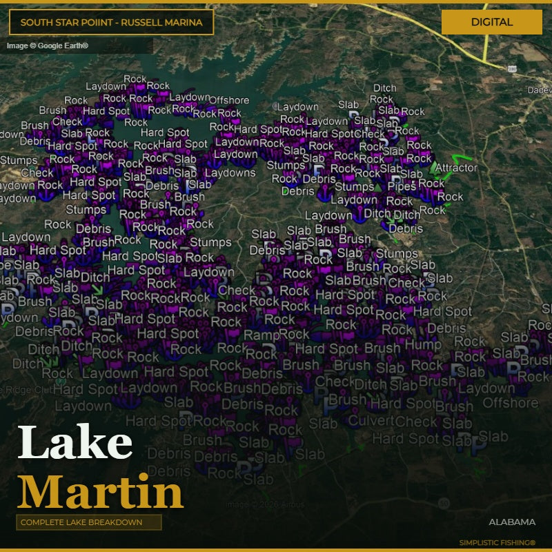 Map of Lake Martin with fishing spots labeled on a digital interface.