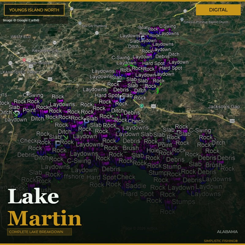Map of Lake Martin with fishing spots marked on a digital interface