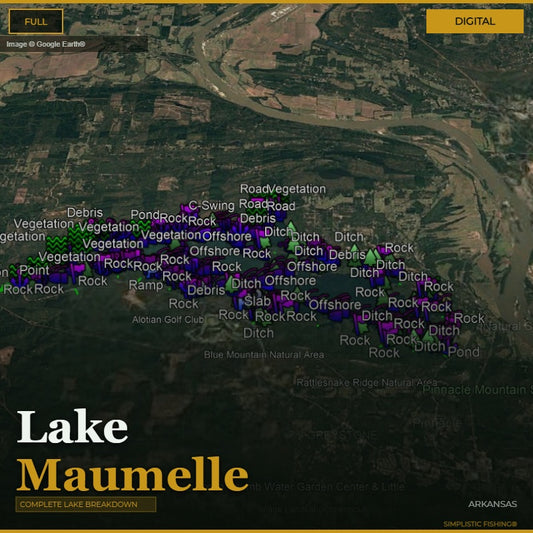 Map of Lake Maumelle with labeled features on a digital display.