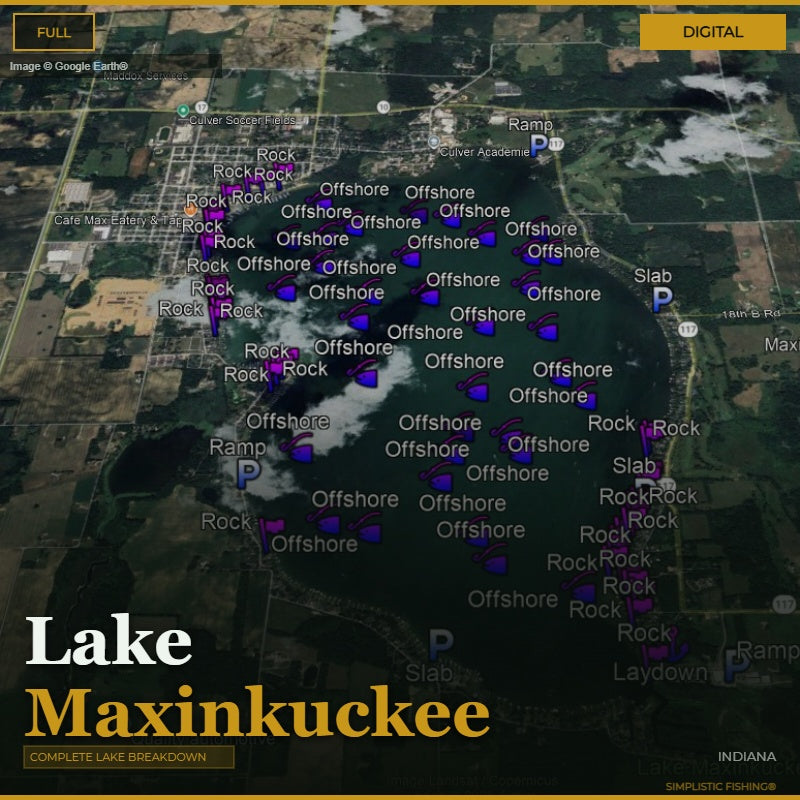 Map of Lake Maxinkuckee with fishing spots marked on a digital interface.