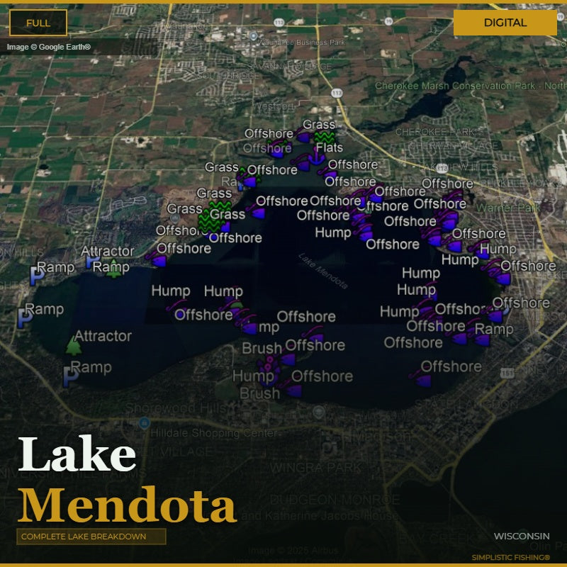 Map of Lake Mendota with fishing features labeled
