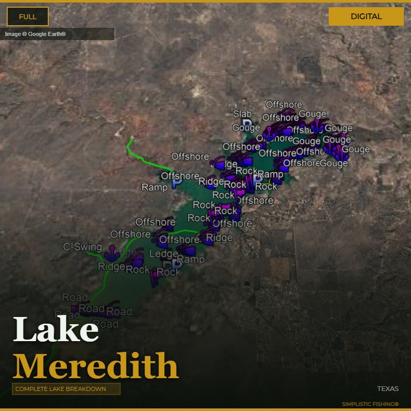 Map of Lake Meredith with various fishing spots labeled on a digital display.