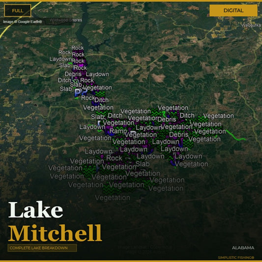 Map of Lake Mitchell with various terrain labels on a digital display.