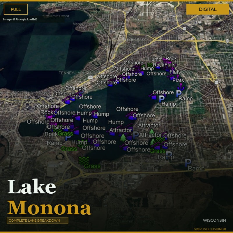 Map of Lake Monona with fishing spots labeled on a digital display.