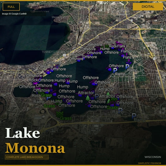 Map of Lake Monona with fishing spots labeled on a digital display.