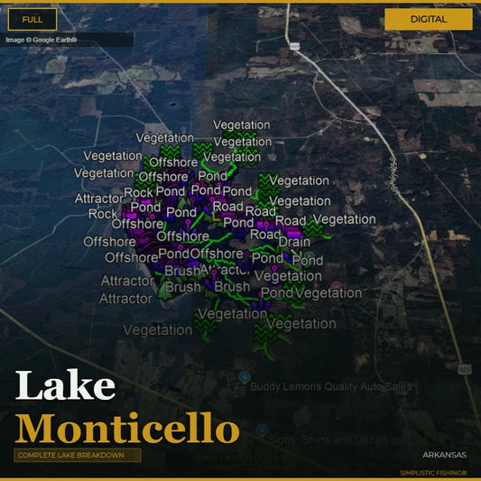 Map of Lake Monticello with labeled features on a digital interface