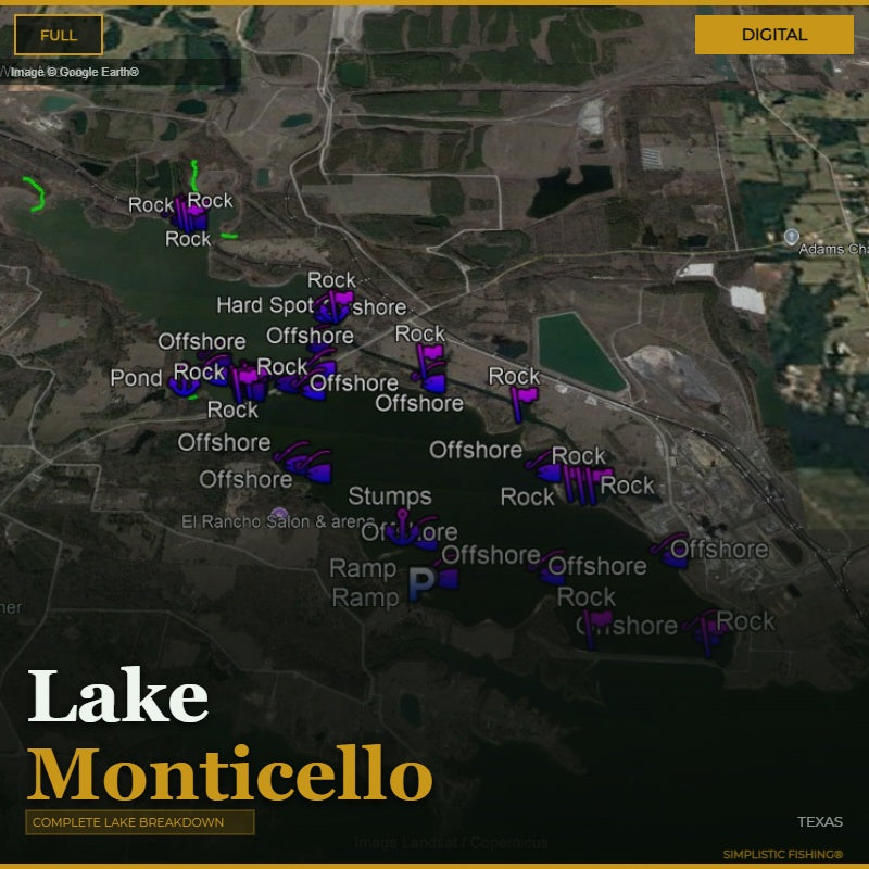 Map of Lake Monticello with fishing spots marked on a digital interface