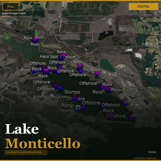 Map of Lake Monticello with fishing spots marked on a digital interface