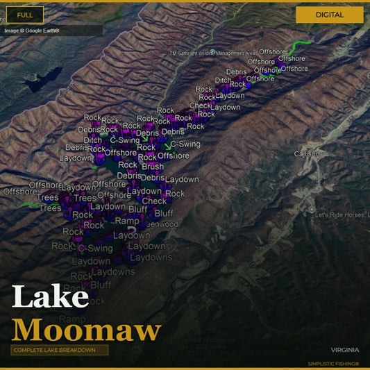 Map of Lake Moomaw with fishing spots labeled on a digital interface