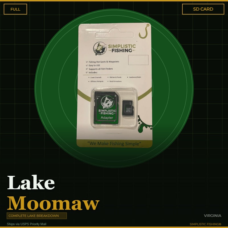 Packaged Simplistic Fishing product on a green circle with text about Lake Moomaw and Virginia.
