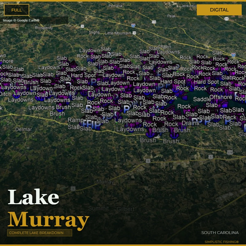 Map of Lake Murray with fishing spots marked on a digital display.
