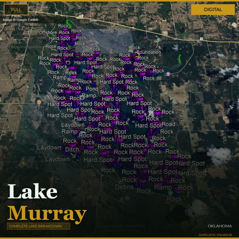 Map of Lake Murray with fishing spots marked on a digital display.
