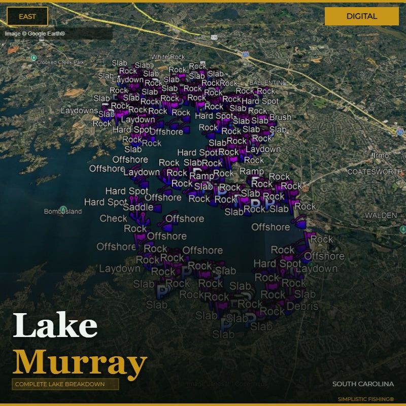 Map of Lake Murray with fishing spots marked on a digital display.