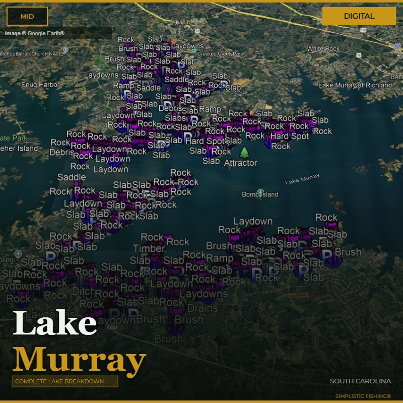 Map of Lake Murray with fishing spots labeled on a digital interface