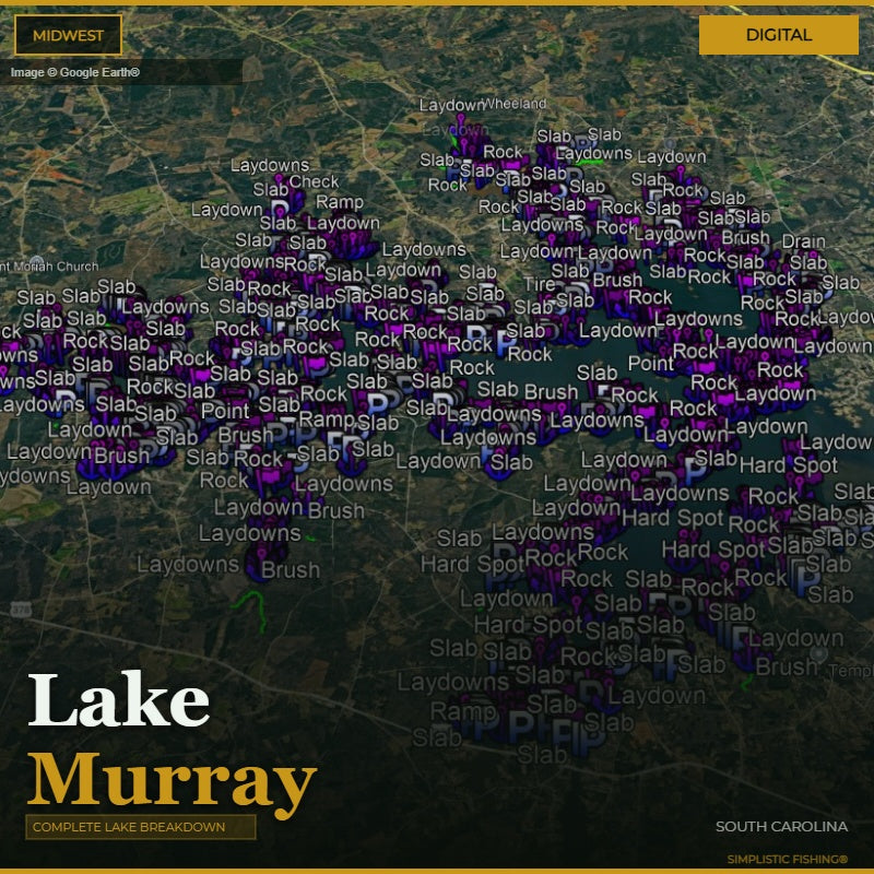 Map of Lake Murray with fishing spots marked on a digital display.