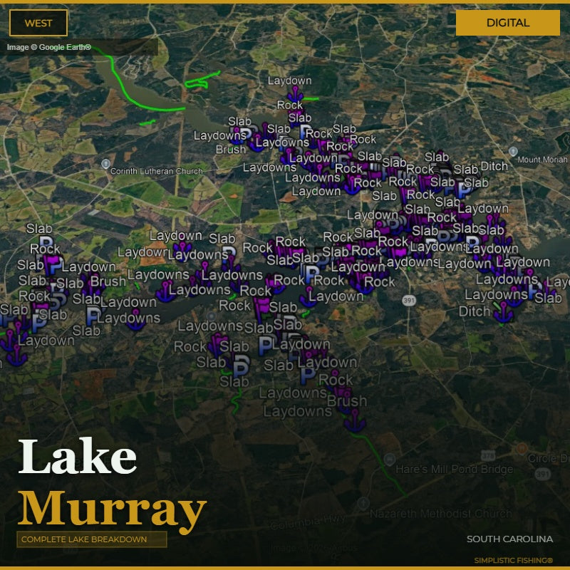 Map of Lake Murray with fishing spots labeled on a digital display.