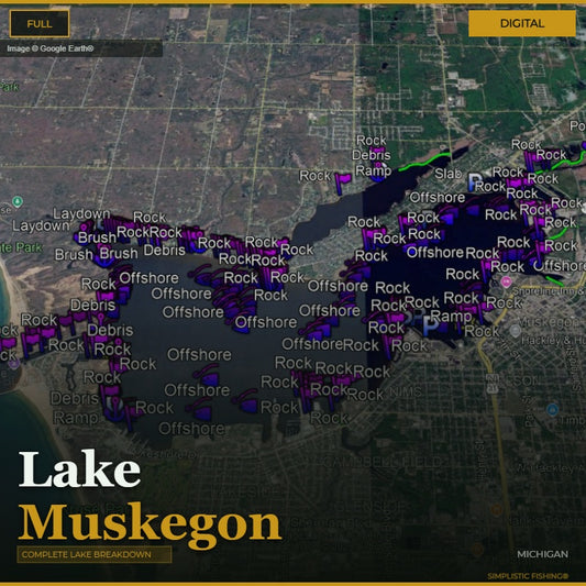 Map of Lake Muskegon with fishing spots labeled on a digital interface.