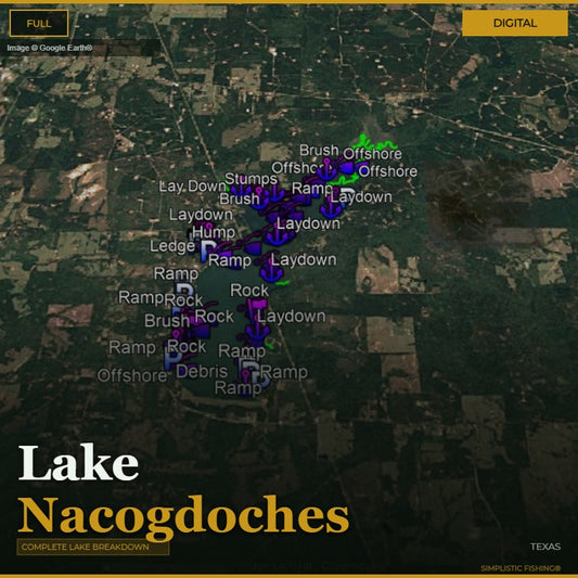 Map of Lake Nacogdoches with fishing spots marked on a digital display.