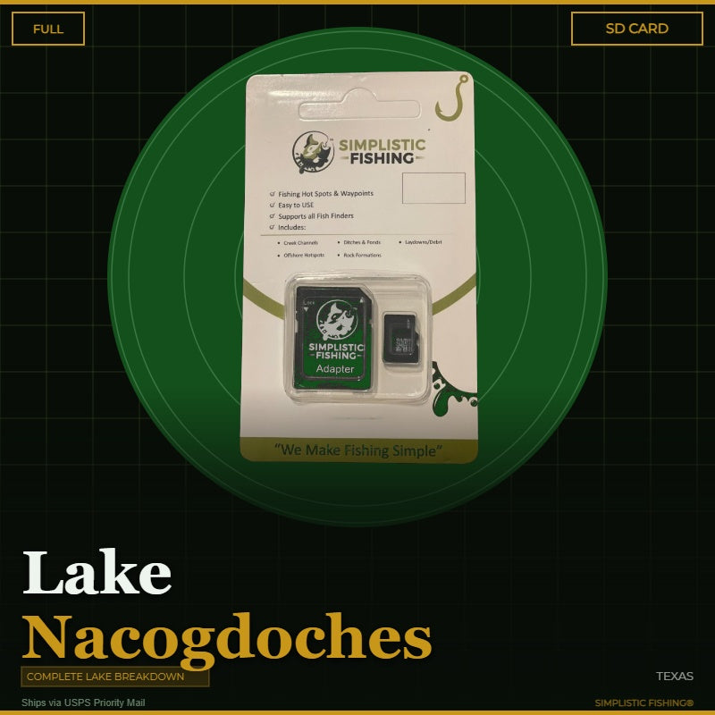 Packaging of Simplistic Fishing SD card and adapter with 'Lake Cumberland' text on a green circle background.