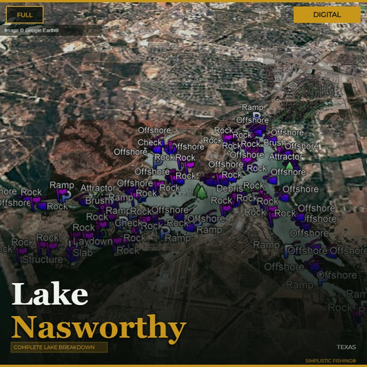Map of Lake Nasworthy with various fishing markers and labels.
