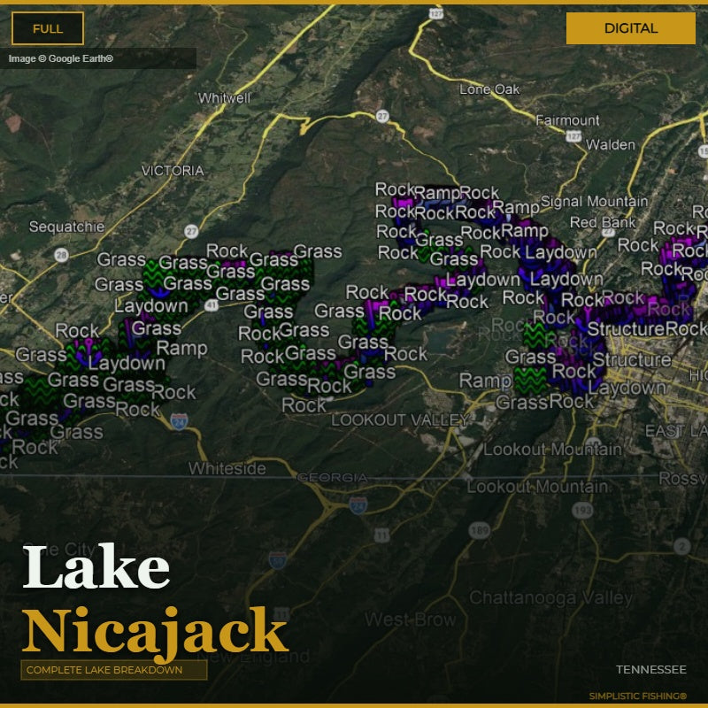 Map of Lake Nicajack with various fishing spots labeled on a digital display.