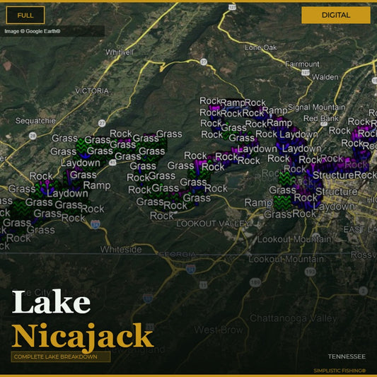 Map of Lake Nicajack with various fishing spots labeled on a digital display.