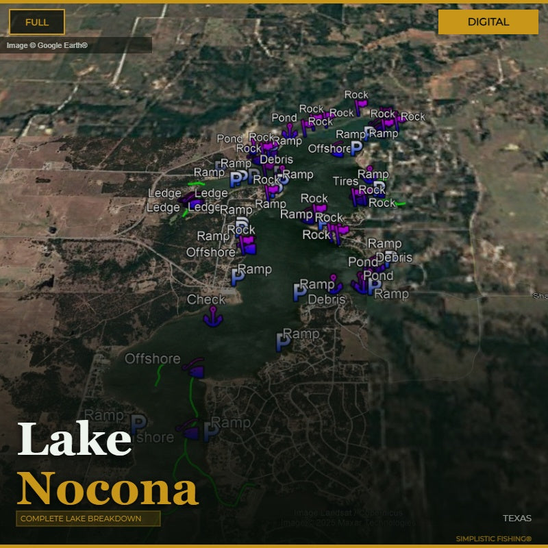 Map of Lake Nocona with various fishing spots marked on a digital interface.