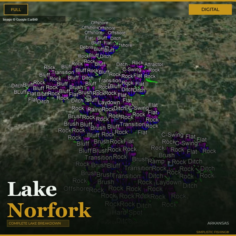 Map of Lake Norfork with fishing feature labels on a digital interface.