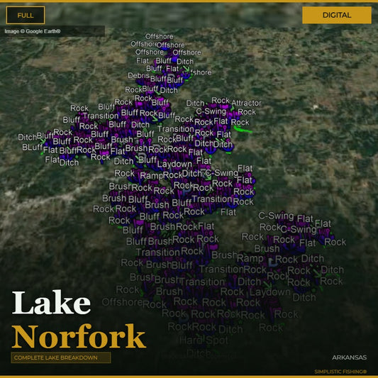 Map of Lake Norfork with fishing feature labels on a digital interface.