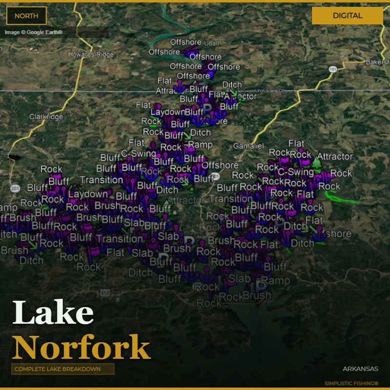 Map of Lake Norfork with various fishing spots labeled on a digital display.
