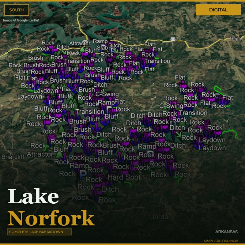 Map of Lake Norfork with various fishing spots labeled on a digital display.