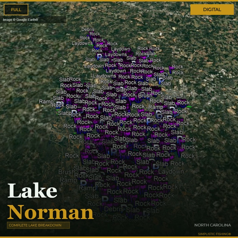 Map of Lake Norman with various fishing spots labeled on a digital interface.