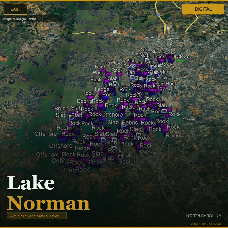 Map of Lake Norman with fishing spots labeled on a digital display.