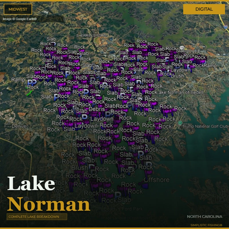 Map of Lake Norman with fishing spots labeled on a digital interface.