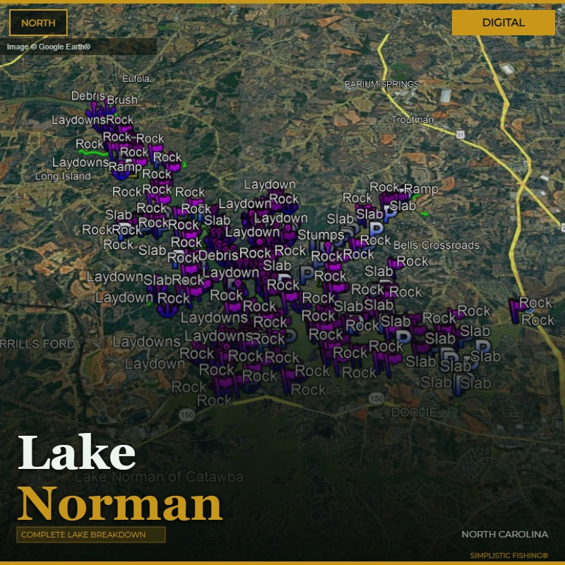 Map of Lake Norman with fishing spots marked on a digital display.