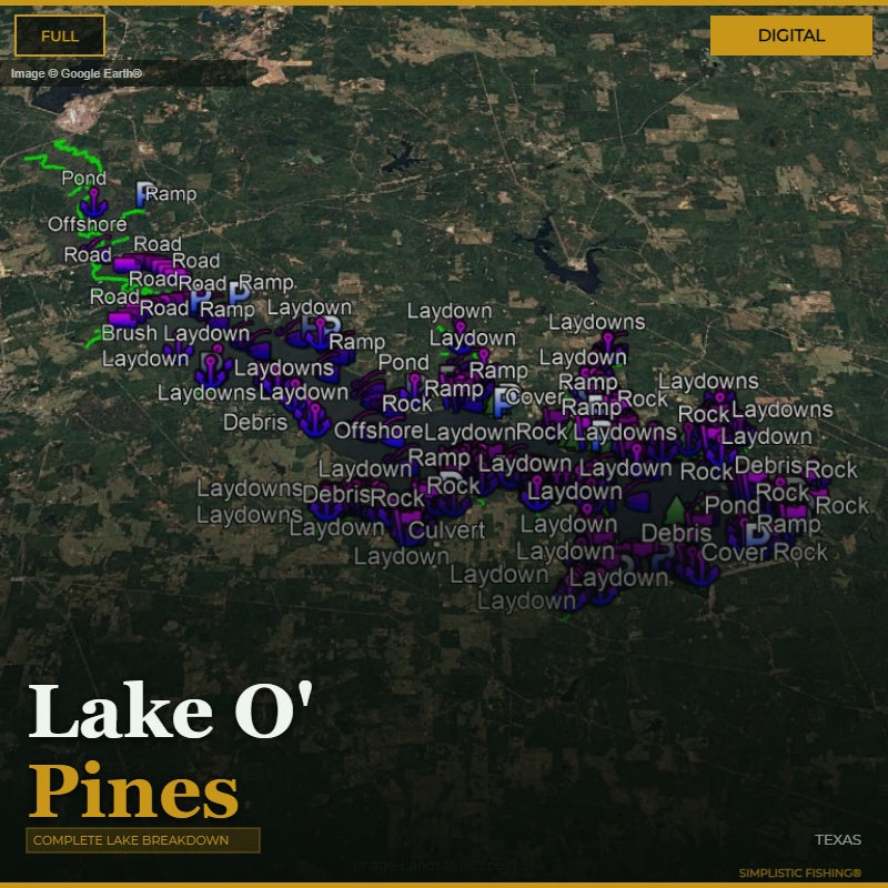 Map of Lake O' Pines with various annotations on a digital display.
