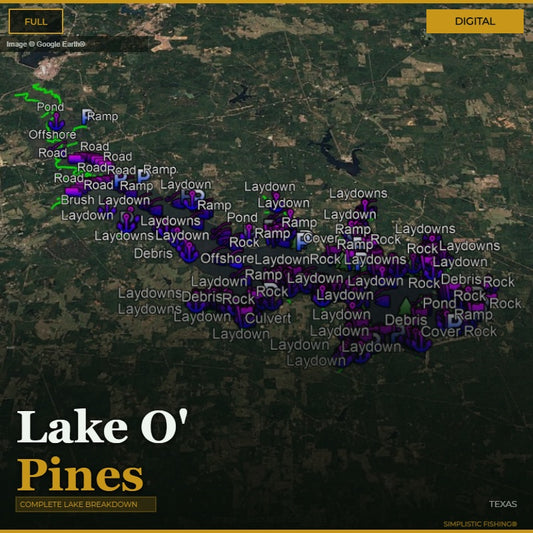 Map of Lake O' Pines with various annotations on a digital display.