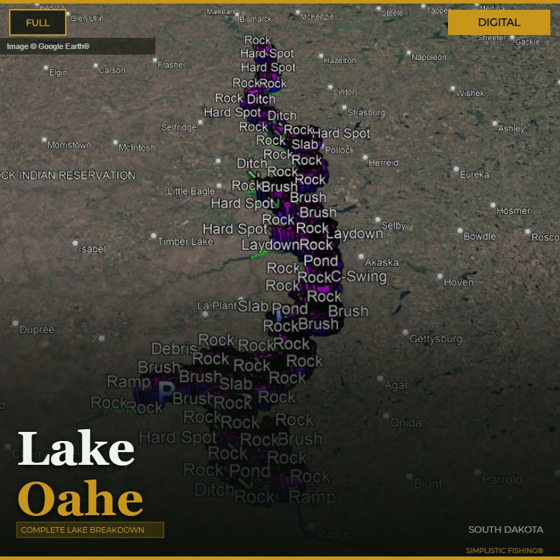 Map of Lake Oahe with various fishing spots labeled on a digital interface.