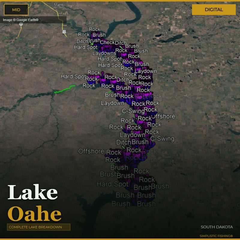 Map of Lake Oahe with fishing spots marked on a digital display.