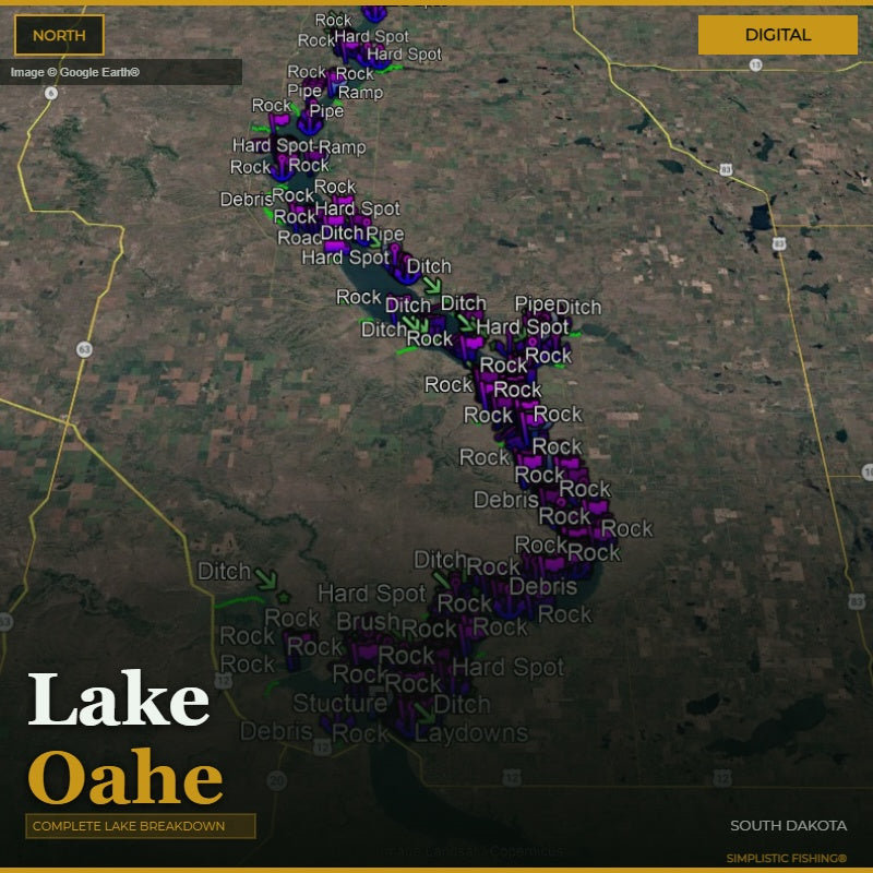 Map of Lake Oahe with fishing spots marked on a digital display.