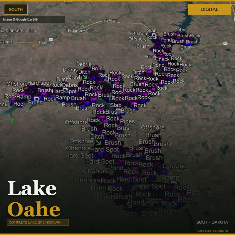 Map of Lake Oahe with various fishing spots labeled on a digital interface.