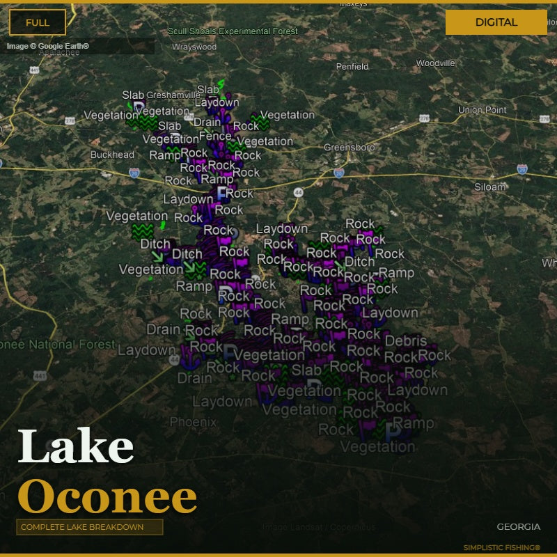 Map of Lake Oconee with various features labeled on a digital interface.