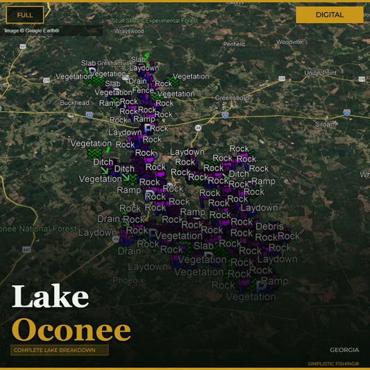 Map of Lake Oconee with various features labeled on a digital interface.