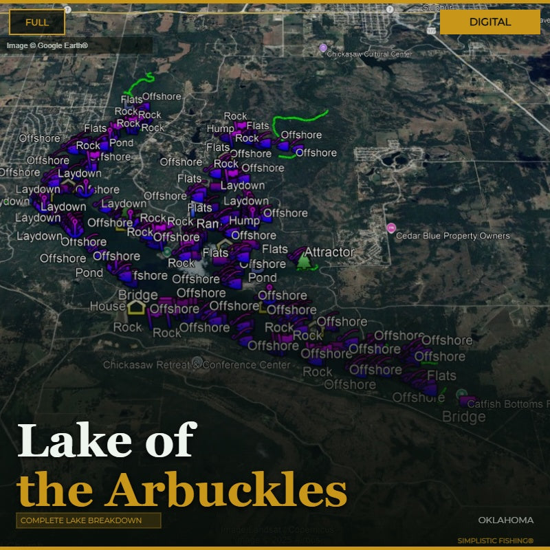 Map of Lake of the Arbuckles with fishing spots marked, sourced from Digital Earth.