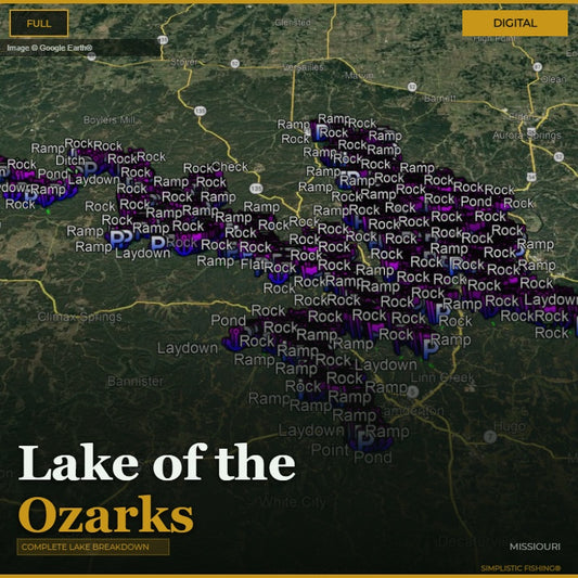 Map of Lake of the Ozarks with various fishing spots marked.