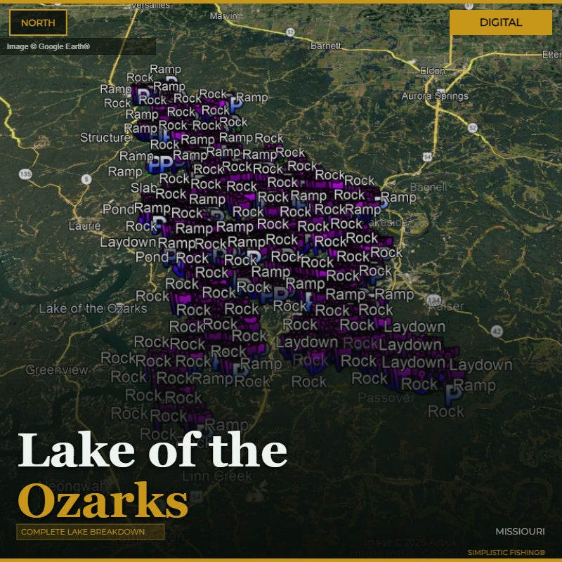 Map of Lake of the Ozarks with various locations labeled on a digital interface.